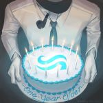  1boy artist_request black_background black_headwear black_neckwear cake candle collar collared_shirt dad_egbert dated fire food holding holding_cake holding_food homestuck long_sleeves male_focus mouth_hold necktie official_art pipe shirt simple_background smoke smoking solo source_request upper_body white_shirt 