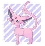  :d clarevoir commentary creature english_commentary espeon full_body gen_2_pokemon grey_eyes no_humans open_mouth pokemon pokemon_(creature) purple_background smile solo standing striped striped_background 