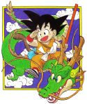  1boy :d absurdres animal arm_at_side bag black_eyes black_footwear black_hair blue_eyes blue_sky border clouds cloudy_sky collarbone commentary dougi dragon dragon_ball dragon_ball_(classic) dragon_riding english_commentary fingernails flying full_body hand_on_own_face hand_up happy highres holding holding_weapon horns looking_afar looking_away male_focus monkey_tail nyoibo official_art open_mouth outside_border riding shaded_face sharp_teeth shenlong_(dragon_ball) simple_background sky smile son_gokuu spiky_hair tail teeth toriyama_akira weapon whiskers white_background wristband yellow_border 