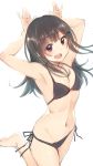  1girl :d armpits arms_up bangs bare_arms bare_legs bare_shoulders barefoot bikini black_bikini black_hair blush breasts collarbone commentary_request eyebrows_visible_through_hair hair_ornament hairclip highres kneeling long_hair nagami_yuu navel open_mouth original red_eyes side-tie_bikini sketch small_breasts smile solo swimsuit upper_teeth 