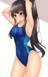  1girl armpits arms_up bangs bare_arms bare_shoulders black_hair blue_swimsuit blush breasts brown_eyes closed_mouth commentary_request competition_swimsuit eyebrows_visible_through_hair hair_tie hair_tie_in_mouth highres long_hair looking_away medium_breasts minato_(ojitan_gozaru) mole mole_on_breast mole_under_eye mouth_hold one-piece_swimsuit original ponytail sideboob solo standing swimsuit tying_hair very_long_hair wet 