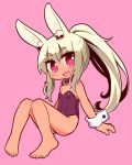  1girl :d animal_ear_fluff animal_ears bangs bare_legs bare_shoulders barefoot blush breasts collar collarbone eyebrows_visible_through_hair full_body hair_between_eyes heart heart-shaped_pupils high_ponytail highres knees_up leotard light_brown_hair long_hair looking_at_viewer masurao_(sekaiju) naga_u open_mouth pink_background ponytail purple_leotard rabbit_ears red_collar red_eyes sekaiju_no_meikyuu sekaiju_no_meikyuu_5 sidelocks simple_background sitting small_breasts smile solo strapless strapless_leotard symbol-shaped_pupils thick_eyebrows upper_teeth very_long_hair wrist_cuffs 