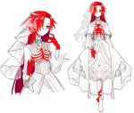  1girl barefoot bride bright_pupils buttoniris closed_mouth commentary dress english_commentary hair_over_one_eye highres long_hair multiple_views original red_eyes redhead ribs simple_background standing veil very_long_hair wedding_dress white_background white_dress 