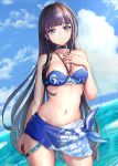  1girl absurdres ass_visible_through_thighs bangs bikini black_choker blue_bikini blue_eyes blue_sky breasts brown_hair choker closed_mouth clouds commentary_request day floral_print hand_on_own_chest highres hime_cut honkai_(series) honkai_impact_3rd light_rays light_smile long_hair navel ocean outdoors raiden_mei sarong sky small_breasts solo standing swimsuit thigh_strap very_long_hair yami_anko 
