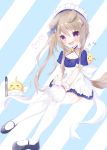  1girl animal_ears apron azur_lane bell bird black_footwear blue_background blue_dress blush brown_hair candy_hair_ornament chick choker commentary_request crescent crescent_hair_ornament dog_ears dog_tail dress food_themed_hair_ornament gloves hair_ornament hairclip heart highres jingle_bell legs long_hair maid maid_headdress manjuu_(azur_lane) mary_janes mysterica_hiro nagatsuki_(azur_lane) nagatsuki_(dangerous_kitty_maid?)_(azur_lane) open_mouth paw_gloves paws pink_eyes shoes short_dress short_sleeves side_ponytail simple_background sitting smile striped striped_background tail thigh-highs torpedo white_apron white_gloves white_legwear 