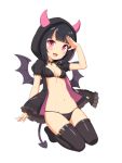 1girl :d bat_wings bikini black_bikini black_jacket black_legwear blush breasts demon_girl demon_horns demon_tail demon_wings fang full_body hand_up hood hood_up horns horns_through_headwear jacket kneeling looking_at_viewer navel open_clothes open_jacket open_mouth original puffy_short_sleeves puffy_sleeves salute sasaame short_sleeves simple_background skindentation small_breasts smile solo swimsuit tail thigh-highs white_background wings 