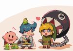  2boys animal animal_on_head aoki_(fumomo) belt belt_buckle blonde_hair blue_eyes blue_hair blush blush_stickers brown_belt brown_footwear brown_gloves buckle cape capelet chain drooling frog gloves holding holding_chain kaeru_no_tame_ni_kane_wa_naru kirby kirby_(series) link looking_at_another super_mario_bros. multiple_boys on_head open_mouth pointy_ears sharp_teeth standing surprised sweat sweatdrop teeth the_legend_of_zelda white_capelet 