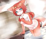  1girl animal_ears aqua_eyes collarbone commentary_request furry hane362 highres musou_stars open_mouth red_fur redhead short_twintails solo steam tail tamaki_(musou_stars) towel twintails two-tone_fur white_fur 