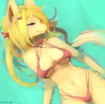  1girl animal_ears bikini blonde_hair cowboy_shot english_commentary furry hair_ornament hairclip kameloh long_hair lying_on_water navel original red_bikini red_eyes snout solo swimsuit tail water yellow_fur 