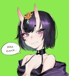  1girl breasts closed_mouth commentary diadem english_commentary english_text eyebrows_visible_through_hair eyeshadow fate/grand_order fate_(series) godekasu green_background highres horns looking_at_viewer makeup meme oni_horns purple_hair short_eyebrows short_hair shuten_douji_(fate/grand_order) simple_background small_breasts smile smug solo upper_body violet_eyes 