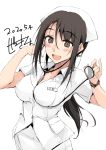  1girl :d black_hair blush breasts brown_eyes dated eyebrows_visible_through_hair hat highres kitano_(zekkyon) large_breasts long_hair name_tag nurse nurse_cap open_mouth original shirt short_sleeves sidelocks signature simple_background skirt smile solo stethoscope watch watch white_background white_shirt white_skirt zekkyon 