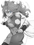  1girl android_21 blue_eyes breasts checkered checkered_dress dragon_ball dragon_ball_fighterz dress earrings glasses greyscale hoop_earrings jewelry kemachiku labcoat long_hair medium_breasts monochrome solo 