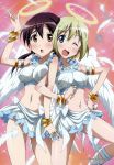  2girls absurdres angel angel_wings blonde_hair blush breasts brown_hair erica_hartmann eyebrows_visible_through_hair feathers gertrud_barkhorn hair_ornament hair_ribbon halo highres large_breasts looking_at_viewer looking_up midriff multiple_girls navel official_art one_eye_closed onoda_masahito open_mouth ribbon shiny shiny_hair shiny_skin short_hair simple_background smile sparkle_background strike_witches wings world_witches_series 