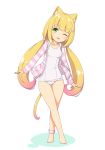  1girl :3 :d animal_ears ankleband arms_at_sides barefoot blonde_hair breasts cat_ears cat_tail eyebrows_visible_through_hair full_body gradient_hair green_eyes hair_ornament hairclip head_tilt jacket long_hair long_sleeves looking_at_viewer multicolored_hair one-piece_swimsuit one_eye_closed open_clothes open_jacket open_mouth original pink_jacket sasaame school_swimsuit simple_background small_breasts smile solo standing striped_jacket swimsuit tail thigh_gap twintails very_long_hair white_background white_swimsuit 