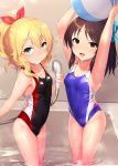  2girls arms_up ball bathtub beachball black_swimsuit blonde_hair blue_bow blue_swimsuit bow brown_eyes brown_hair collarbone commentary_request cowboy_shot empty_eyes flat_chest green_eyes hair_bow idolmaster idolmaster_cinderella_girls long_hair looking_at_viewer multiple_girls ponytail sakurai_momoka satou_kuuki short_hair shower_head soaking_feet standing swimsuit tachibana_arisu water wet wet_clothes wet_swimsuit 