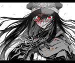  1girl angry black_hair blood blood_on_face cape chouonsoku-jiisan fate/grand_order fate_(series) greyscale hat highres letterboxed long_hair monochrome oda_nobunaga_(fate) oda_nobunaga_(fate)_(all) red_eyes spot_color white_background 