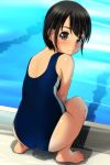  1girl absurdres ass backless_outfit backless_swimsuit bangs bare_legs bare_shoulders barefoot black_hair blue_swimsuit blush brown_eyes closed_mouth day eyebrows_visible_through_hair from_behind full_body highres looking_at_viewer looking_back matsunaga_kouyou nose_blush one-piece_swimsuit original outdoors pool poolside puddle school_swimsuit smile solo squatting swimsuit water wet 