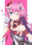  1girl ;) akiyasu bangs bare_shoulders blush closed_mouth collarbone dress eyebrows_visible_through_hair gloves hair_between_eyes hand_up honkai_(series) honkai_impact_3rd horn long_hair one_eye_closed pink_background pink_hair rozaliya_olenyeva short_eyebrows smile solo star strapless strapless_dress tail thick_eyebrows two-tone_background very_long_hair w white_background white_dress white_gloves 