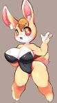  1girl animal_ear_fluff animal_ears blush breasts bunny_day bunny_tail bunnysuit commentary_request digitigrade furry highres large_breasts open_mouth orange_hair original popuni10 rabbit rabbit_ears red_eyes simple_background solo standing tail two-tone_fur white_fur yellow_fur 