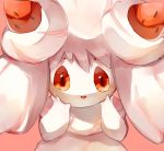 :d alcremie alcremie_(strawberry_sweet) alcremie_(vanilla_cream) commentary creature english_commentary food fruit gen_8_pokemon jaibus looking_at_viewer no_humans open_mouth pink_background pokemon pokemon_(creature) red_eyes simple_background smile solo strawberry upper_body 