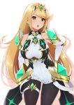  1girl :o bangs bare_shoulders black_legwear blush breasts cowboy_shot dress earrings elbow_gloves eyebrows_visible_through_hair faulds gem gloves highres mythra_(xenoblade) impossible_clothes impossible_dress jewelry large_breasts looking_at_viewer mokki open_mouth pantyhose short_dress shoulder_armor sidelocks simple_background solo super_smash_bros. swept_bangs thigh_strap tiara white_background white_dress white_gloves xenoblade_(series) xenoblade_2 yellow_eyes 