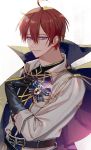  1boy bad_anatomy belt black_gloves bow brown_hair cape ensemble_stars! gloves gold_trim hair_between_eyes hand_up highres looking_at_viewer male_focus simple_background solo suou_tsukasa upper_body violet_eyes white_background yuushi 