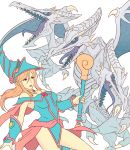  1girl bare_shoulders blonde_hair blue-eyes_white_dragon blue_eyes blue_headwear bracer cosplay crossover dark_magician_girl dark_magician_girl_(cosplay) highres jewelry metroid multiple_heads necklace ridley samus_aran staff super_metroid super_smash_bros. thighs truejekart white_skin yuu-gi-ou 