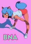  1girl absurdres animal_ears ass bent_over blue_eyes blue_hair brand_new_animal full_body furry hands_on_own_knees highres huge_filesize kagemori_michiru legs legs_apart pink_background raccoon_ears raccoon_girl raccoon_tail red_shorts shoes short_hair short_shorts shorts simple_background smile sneakers solo tail tank_top white_footwear white_tank_top 