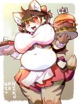 1girl ahoge animal_ears breasts brown_hair clipboard commentary_request cowboy_shot eyebrows eyebrows_visible_through_hair eyelashes fangs fat food furry hamburger highres holding holding_tray huge_breasts long_hair looking_at_viewer meat meat_day navel open_mouth orange_eyes original popuni10 red_skirt simple_background skirt snout solo tail tiger tiger_ears tiger_girl tiger_tail translation_request tray two-tone_fur white_fur yellow_fur
