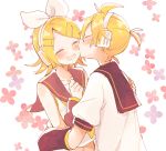  1boy 1girl arm_warmers arms_around_waist bangs bare_shoulders black_collar blush bow cheek_kiss closed_eyes collar commentary crop_top floral_background hair_bow hair_ornament hairclip hand_on_another&#039;s_shoulder hands_up headphones kagamine_len kagamine_rin kiss midriff navel open_mouth sailor_collar school_uniform shirt short_hair short_ponytail short_sleeves smile spiky_hair suzumi_(fallxalice) swept_bangs upper_body vocaloid white_bow white_shirt yellow_neckwear 