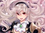  1girl armor bangs black_hairband blurry blurry_background breasts cape cleavage_cutout collar commentary corrin_(fire_emblem) eyelashes fangs fire_emblem fire_emblem_fates frills hair_between_eyes hair_spread_out hairband haru_(nakajou-28) jewelry large_breasts looking_at_viewer open_mouth pointy_ears red_eyes shiny shiny_hair shoulder_armor silver_hair solo upper_body 