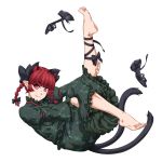  1girl animal_ears bangs barefoot black_footwear blunt_bangs braid cat_ears cat_tail closed_mouth extra_ears eyebrows_visible_through_hair fang full_body kaenbyou_rin looking_at_viewer multiple_tails ootsuki_wataru red_eyes redhead shoes shoes_removed short_hair smile soles solo tail touhou transparent_background twin_braids 