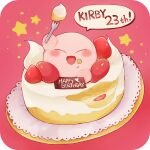  anniversary blush cake closed_eyes crumbs food fork fruit gurumi_mami happy_birthday kirby kirby_(series) no_humans open_mouth red_background smile speech_bubble star_(symbol) strawberry whipped_cream 