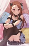  1girl absurdres bed black_legwear blue_skirt blush brown_hair canopy_bed choker closed_mouth commentary crop_top emu_(emum) fake_horns forehead hands_on_own_knees highres idolmaster idolmaster_million_live! idolmaster_million_live!_theater_days long_hair minase_iori pillow pink_eyes sitting skirt smile solo thigh-highs thighs zettai_ryouiki 