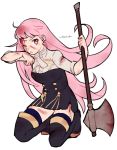  1girl artist_name axe blood blood_on_face bloody_weapon do_m_kaeru fire_emblem fire_emblem:_three_houses garreg_mach_monastery_uniform hair_down hilda_valentine_goneril holding holding_axe injury long_hair one_eye_closed pink_eyes pink_hair simple_background solo torn_clothes uniform weapon white_background 