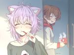  2girls alternate_costume animal_ears artist_name black_shirt blush braid breasts brown_hair brushing_teeth casual cat_ears closed_eyes coffee_mug commentary cup day dog_ears door english_commentary eyebrows_visible_through_hair fang hair_between_eyes hololive indoors inugami_korone kukie-nyan lavender_hair looking_at_another medium_breasts medium_hair messy_hair morning mug multiple_girls nekomata_okayu onigiri_print open_mouth shirt short_hair side_braids smile steam sunlight t-shirt toothbrush tray twin_braids twitter_username upper_body virtual_youtuber white_shirt 