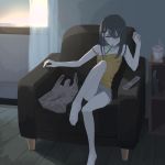  1girl absurdres bag bare_shoulders barefoot black_hair camisole controller couch curtains highres indoors long_hair looking_at_viewer oissu_tiwassu original plastic_bag ramen remote_control shorts sitting solo strap_slip toothbrush_in_mouth violet_eyes 