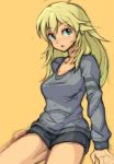  1girl blonde_hair green_eyes hoshii_miki idolmaster idolmaster_(classic) long_hair looking_at_viewer open_mouth simple_background solo yuusuke_(5yusuke3) 