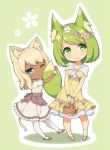  2girls :t animal_ear_fluff animal_ears apron blonde_hair blue_eyes brown_footwear capelet cat_ears cat_tail closed_mouth contrapposto dark_skin dress eyebrows_visible_through_hair flower fox_ears fox_tail green_background green_fox_(sasaame) hair_flower hair_ornament holding looking_at_viewer multiple_girls one_eye_closed original outline pantyhose picnic_basket pink_flower sasaame shoes smile socks tail waist_apron white_capelet white_dress white_legwear white_outline yellow_dress yellow_legwear 