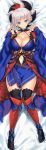  1girl absurdres bangs black_legwear blue_eyes breasts dakimakura eyebrows_visible_through_hair fate/grand_order fate_(series) full_body highres huge_filesize japanese_clothes kure_masahiro large_breasts long_hair lying miyamoto_musashi_(fate/grand_order) on_back solo thigh-highs tied_hair wide_sleeves 