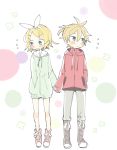  1boy 1girl blonde_hair blue_eyes blush boots commentary drawstring flower flying_sweatdrops full_body green_jacket hand_in_pocket holding_hands hood hooded_jacket jacket kagamine_len kagamine_rin kimipedia_(vocaloid) looking_away red_jacket shoes sneakers standing suzumi_(fallxalice) sweatdrop vocaloid 