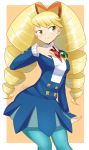  1girl big_hair blonde_hair blue_legwear blush breasts closed_mouth drill_hair green_eyes highres long_hair pantyhose rockman ryuusei_no_rockman shirogane_luna shoutaro_saito smile solo twin_drills twintails 