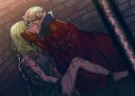  2girls bars blonde_hair bound brick_wall bruise byleth_(fire_emblem) byleth_eisner_(female) cape chain chained closed_eyes cuffs cuts dirty edelgard_von_hresvelg empty_eyes fire_emblem fire_emblem:_three_houses gloves hands_on_another&#039;s_face injury kiss long_hair medium_hair michimaru_(michi) multiple_girls prison_cell prison_clothes prisoner red_cape wall yuri 