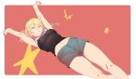  1girl arms_up bare_legs black_shirt blonde_hair blue_shorts breasts closed_eyes closed_mouth commentary denim denim_shorts henken highres lying medium_breasts medium_hair midriff navel on_back original red_background shirt short_shorts shorts simple_background solo star stretch thighs 