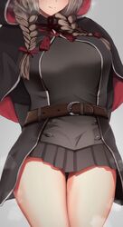  1girl arms_behind_back belt black_capelet black_dress braid breasts brown_belt brown_hair buttons capelet close-up commentary_request dress head_out_of_frame highres hood hood_up hooded_capelet kantai_collection kasoku_souchi large_breasts long_hair long_sleeves low_twintails pleated_dress red_ribbon ribbon shinshuu_maru_(kantai_collection) simple_background solo steam steaming_body thighs twin_braids twintails 