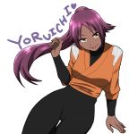  1girl :p bleach character_name dark_skin kuroha_(sm-410) long_hair looking_at_viewer ponytail purple_hair shihouin_yoruichi simple_background smile solo tongue tongue_out waving white_background yellow_eyes 