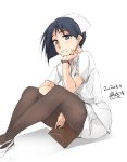  1girl black_hair black_legwear dated grey_eyes hat highres nurse nurse_cap original osawa_(zekkyon) pantyhose shirt short_hair short_sleeves signature simple_background sitting smile solo watch watch white_background white_shirt zekkyon 