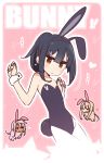  1girl alternate_costume animal_ears bangs bare_arms bare_shoulders black_hair black_hairband black_leotard bunny_tail bunnysuit chibi chibi_inset chloe_von_einzbern commentary eyebrows_visible_through_hair fake_animal_ears fake_tail fate/kaleid_liner_prisma_illya fate_(series) flat_chest hair_between_eyes hair_ornament hairband hairclip heart illyasviel_von_einzbern leotard long_hair looking_at_viewer miyu_edelfelt outline pink_background ponytail rabbit_ears simple_background solo_focus star tail white_outline wrist_cuffs yellow_eyes yoru_nai 