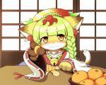  1girl :3 animal_ears blush cat cat_ears cat_girl cat_tail collarbone commentary_request food fruit fullbokko_heroes furry green_hair hane362 kushinada_(fullbokko_heroes) long_hair looking_at_viewer mandarin_orange slit_pupils solo tail wide_sleeves yellow_eyes yellow_fur 