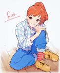  1girl blue_eyes closed_mouth fio_piccolo honoboooono kurenai_no_buta plaid ponytail redhead shirt short_hair smile solo 